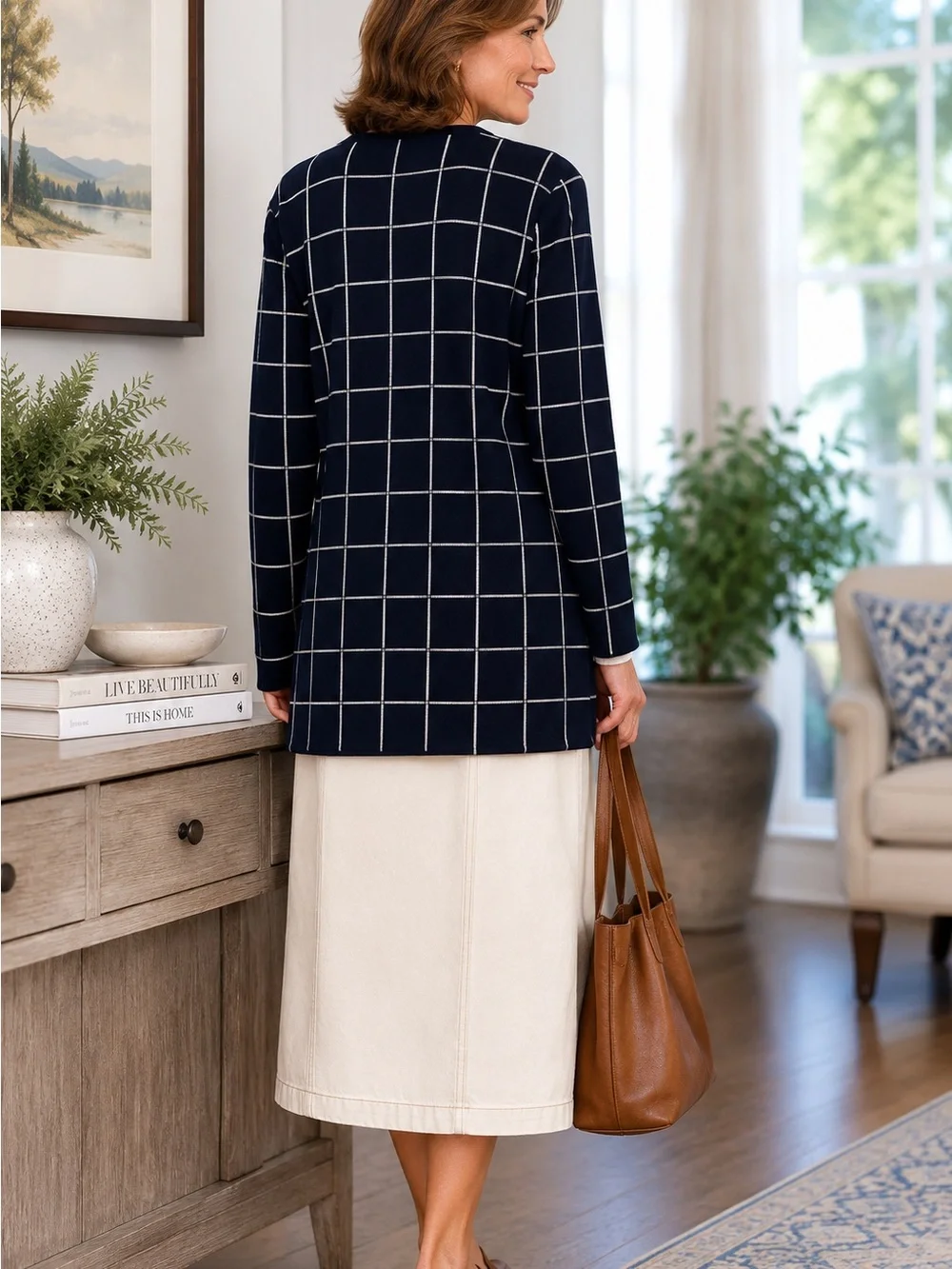 Charter Club Navy Windowpane Cardigan & Gibson Latimer Cream Denim Wrap Skirt
